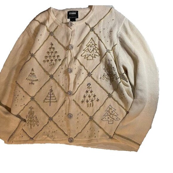 Designers Original Sweater XL Cream Beaded Embroidered Christmas Grandmacore - Picture 2 of 8